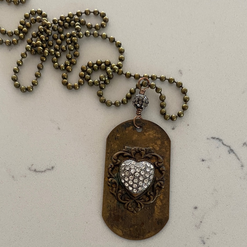 Heart rhinestone embellished dog tag style necklace ONE OF A KIND!